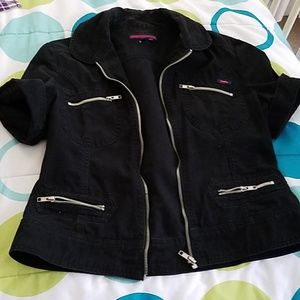 Black denim short sleeve jacket with zippers